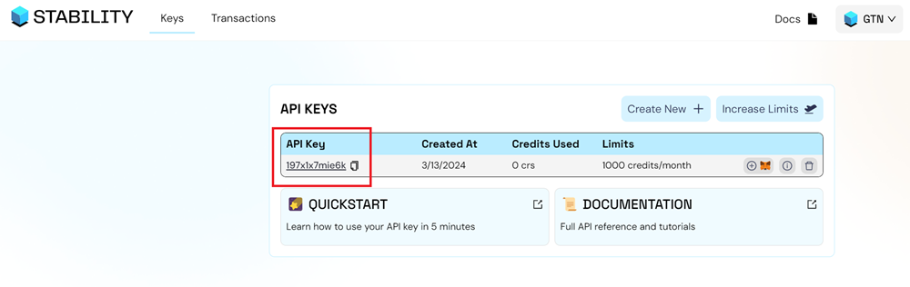 Stability Account Manager Screen with an Example API Key Highlighted