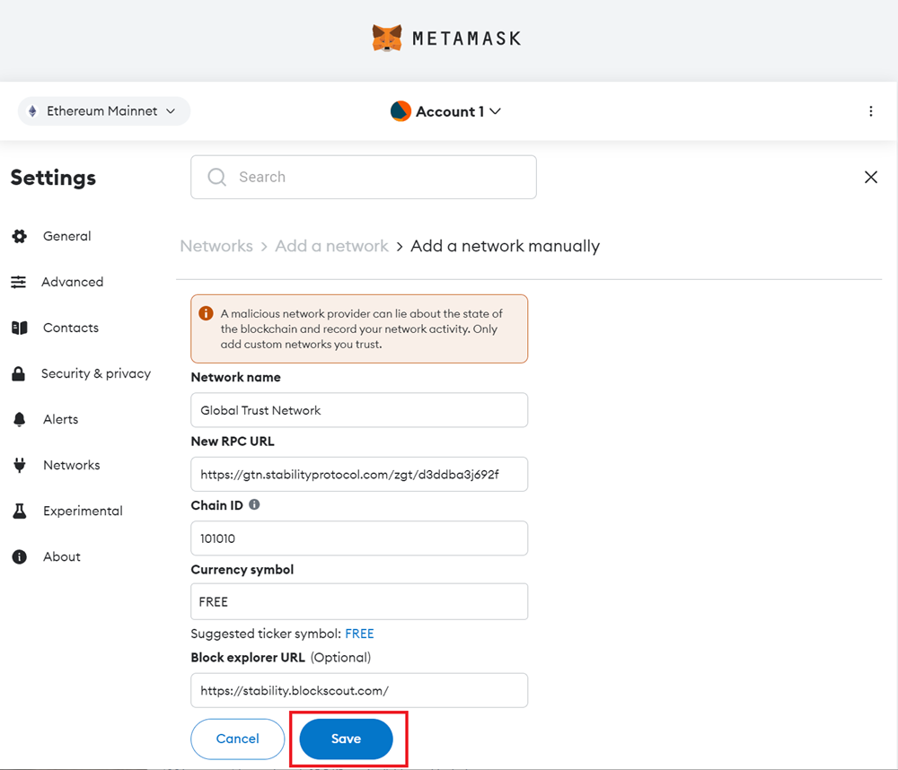 Metamask Manual Network Screen with Details Filled and Save Button Highlighted