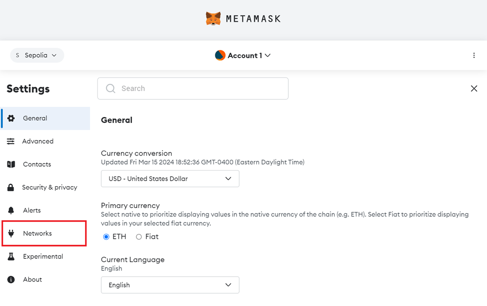 Metamask Settings Screen with Networks Highlighted