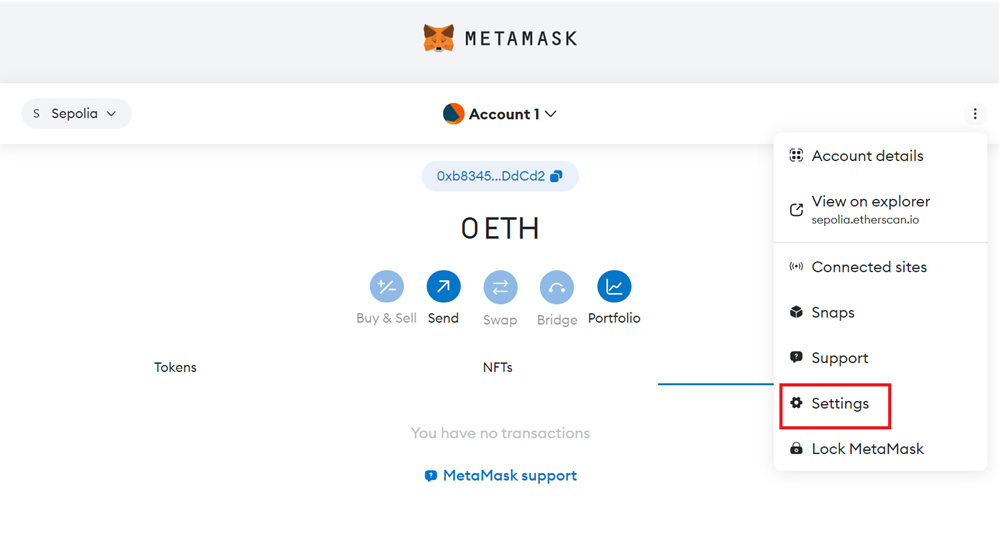 Metamask Main Screen with Settings Highlighted